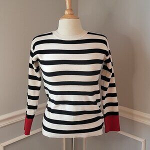 MESH + LACE Black Cream Striped Contrast Red Cuff Crewneck Knit Boho Sweater XS